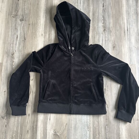 Juicy Couture Black Velour Cropped Tracksuit Jacket Zip Up Hoodie Size Medium - Picture 5 of 8